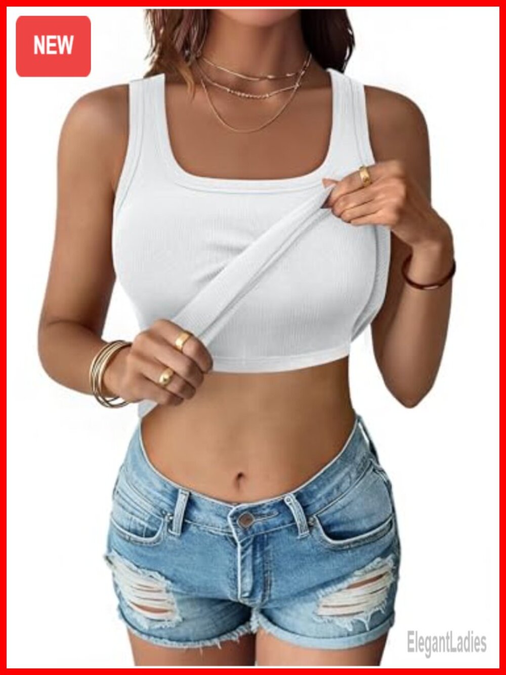 Ribbed Scoop Neck Sleeveless Tank Top with Built in Bra Slim Fit